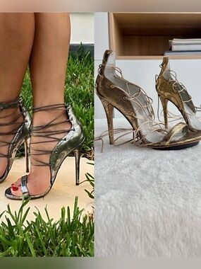 Monica Chiang Lara Gold Lace Up High Heel Sandals EU 39 US 9 255 mm